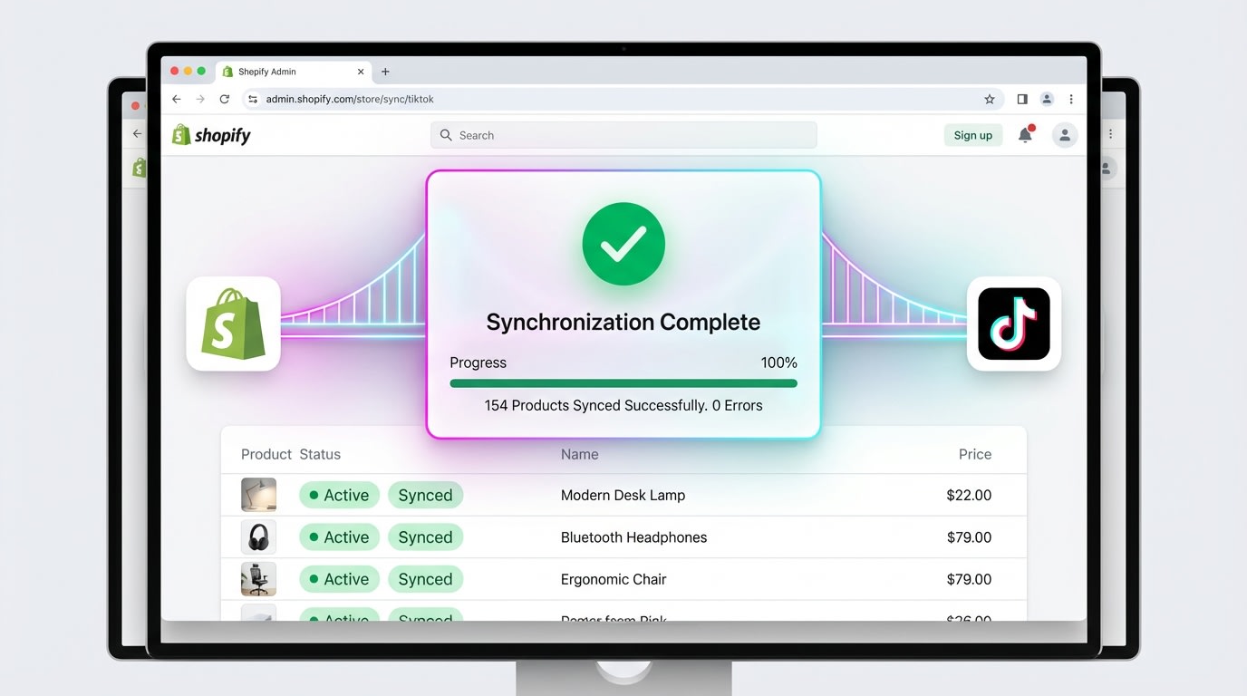 Screenshot of the Shopify Admin dashboard showing successful catalog synchronization with TikTok