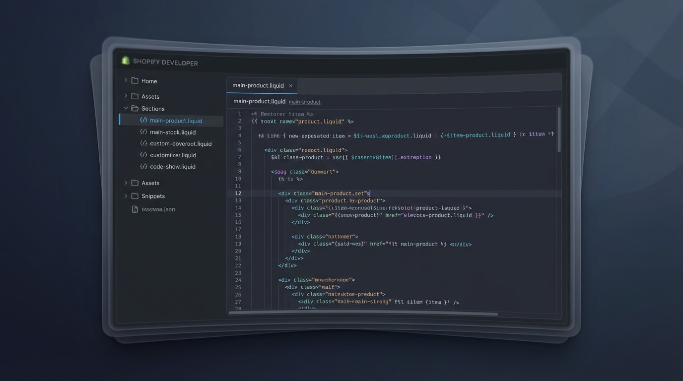 Screenshot of the Shopify code editor highlighting the main-product.liquid file