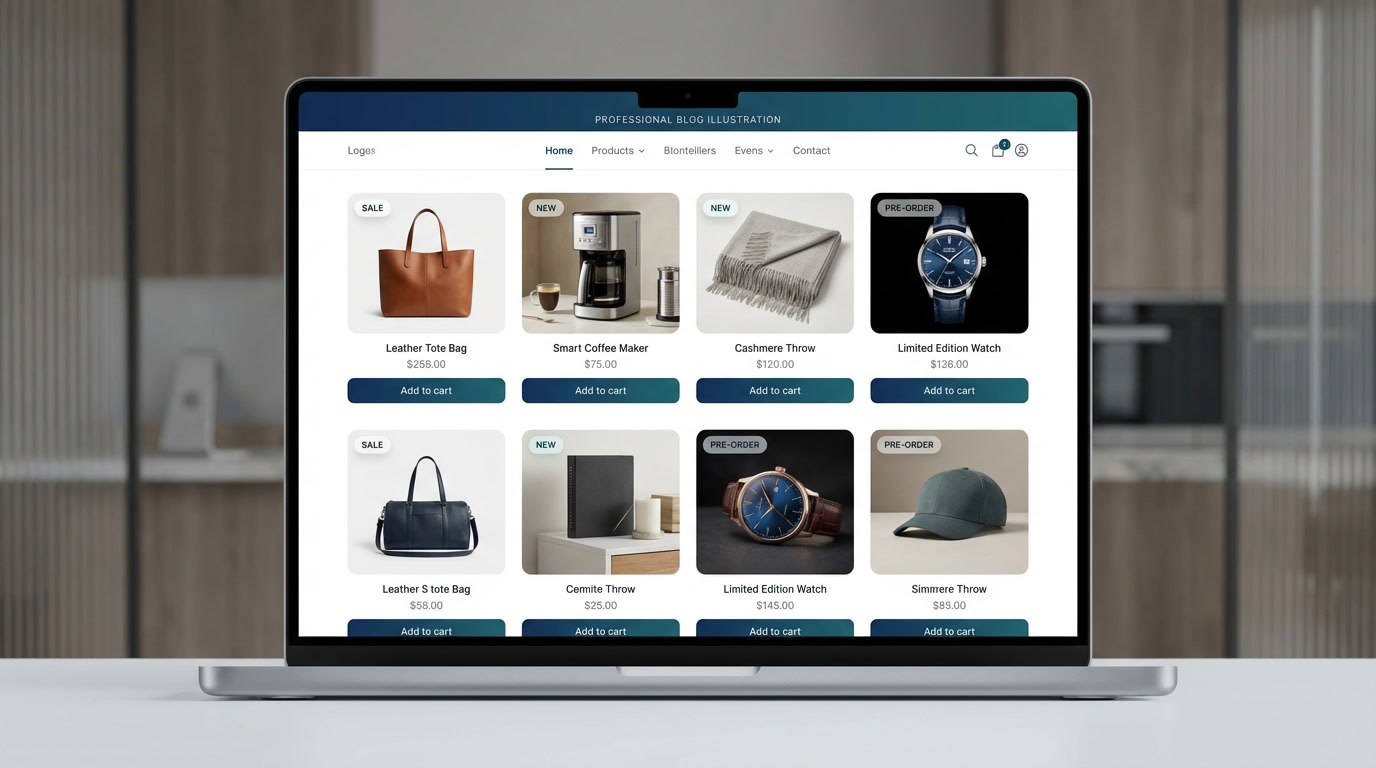 Screenshot of the Shopify Symmetry theme layout with product badges