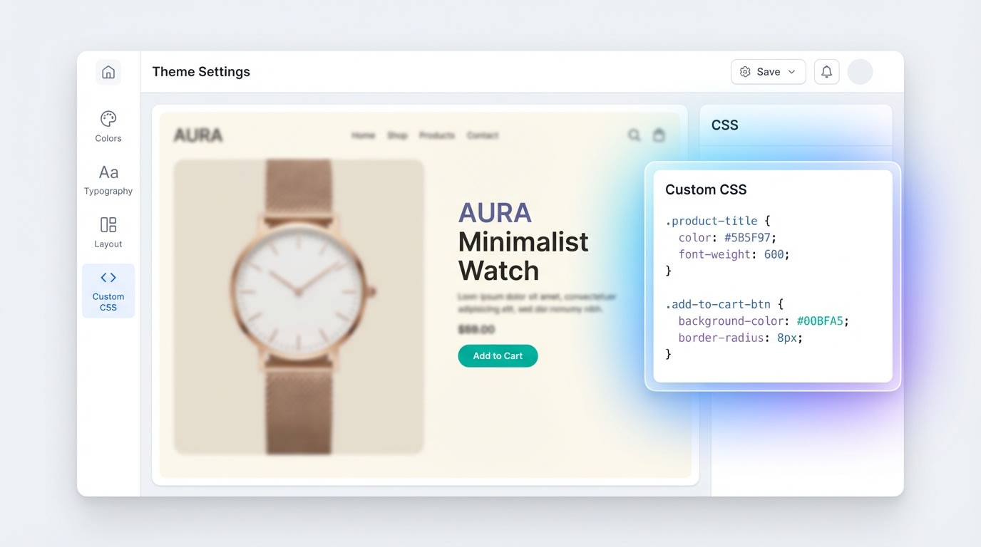 Screenshot of the Shopify Theme Editor highlighting the Custom CSS input field on a product template