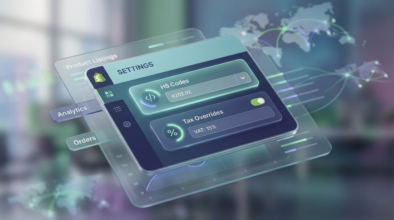 Screenshot showing Shopify product settings with specific focus on HS codes and tax overrides