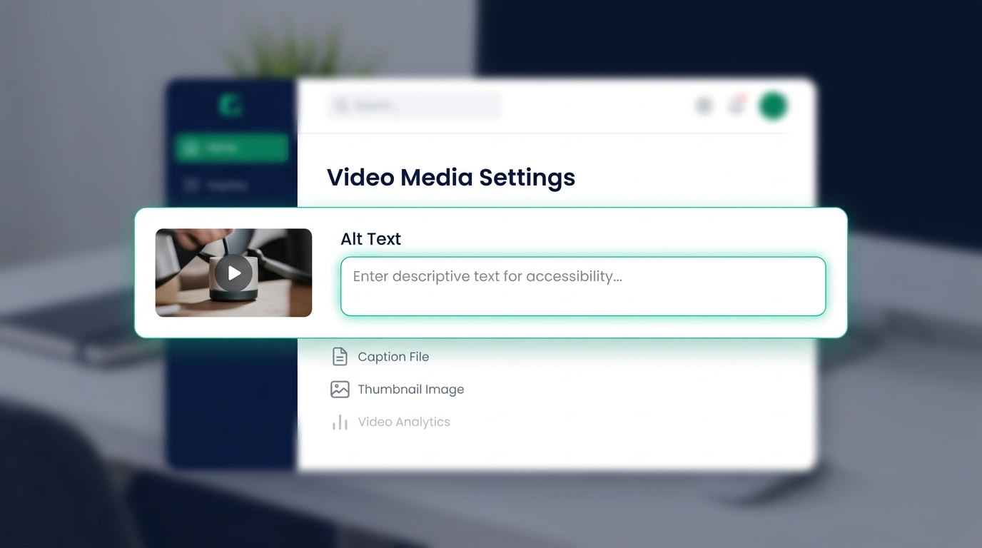 Shopify admin dashboard highlighting the alt text field for a video file