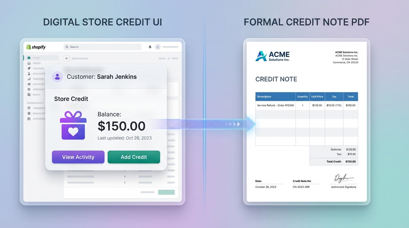 Shopify admin dashboard showing customer profile with a comparison between a store credit loyalty balance and a professional PDF credit note document