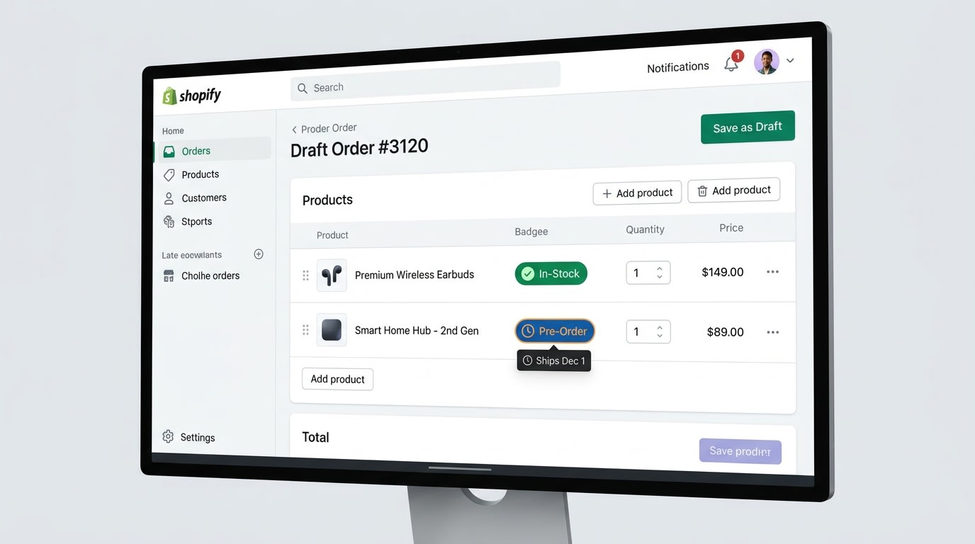 Shopify admin dashboard showing a draft order automatically combining an in-stock item and a pre-order parent SKU