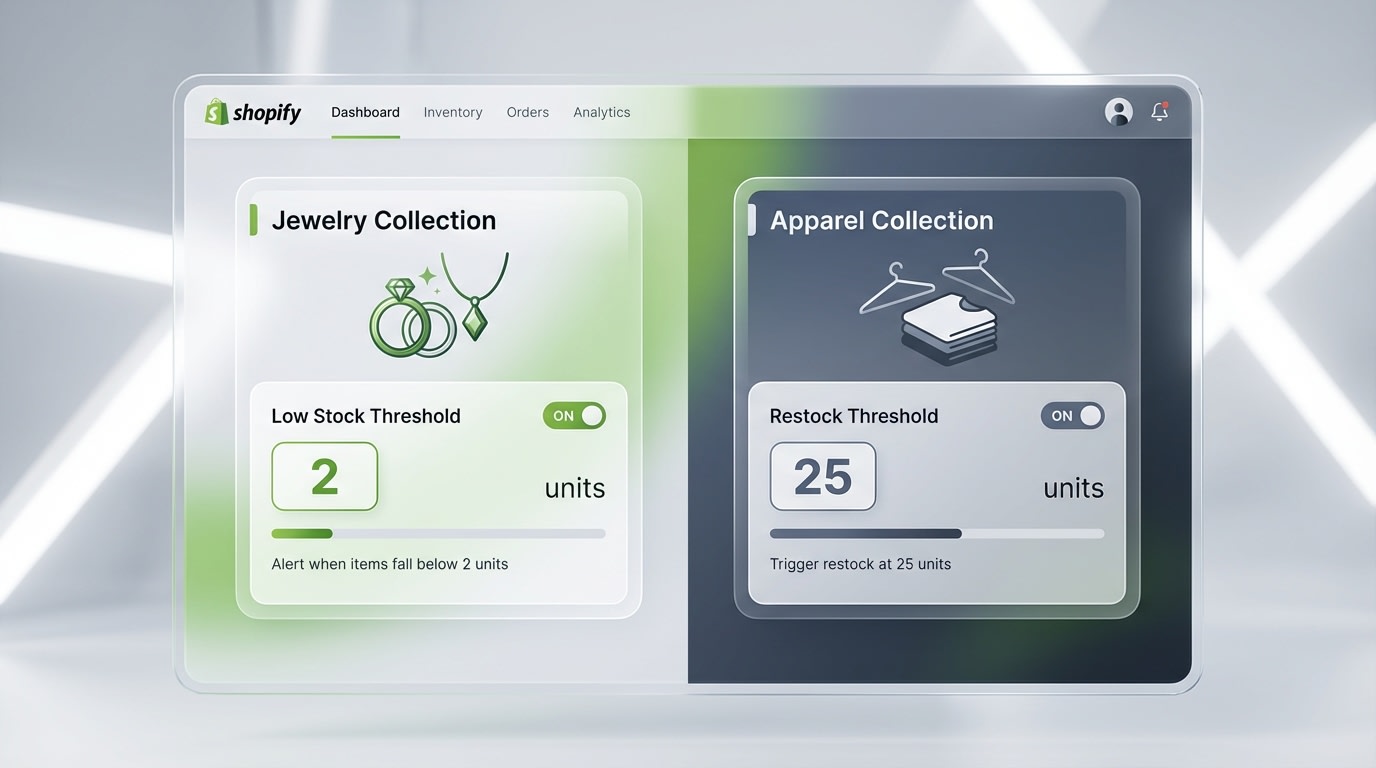 Shopify admin panel showing different inventory threshold rules being set for a jewelry collection vs an apparel collection