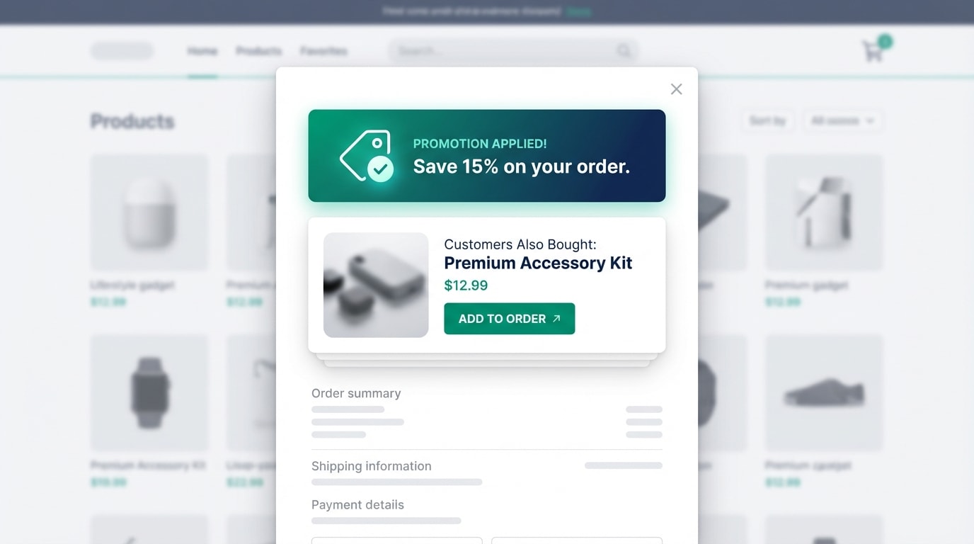 Shopify checkout popup highlighting an active discount code banner directly above the suggested cross-sell product