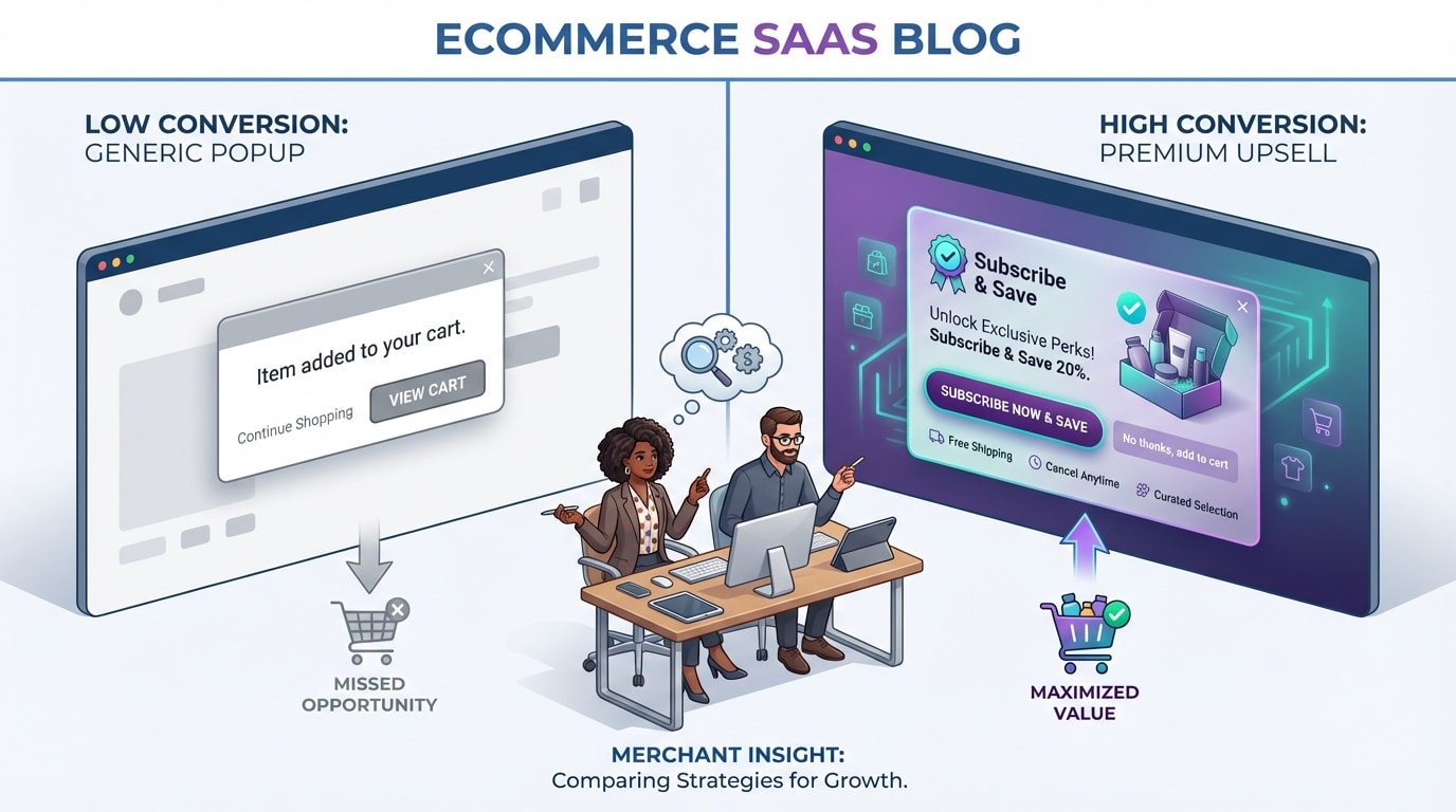 Shopify merchant analyzing a split-screen comparison between a generic add-to-cart popup and a customized subscription box upsell popup