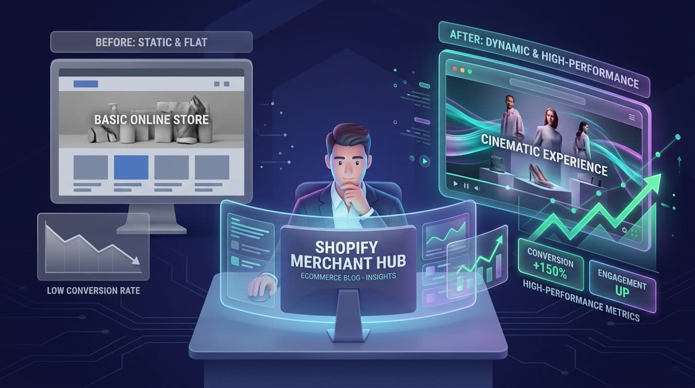 Shopify merchant analyzing a split screen showing a static banner versus an engaging homepage video banner with high conversion metrics