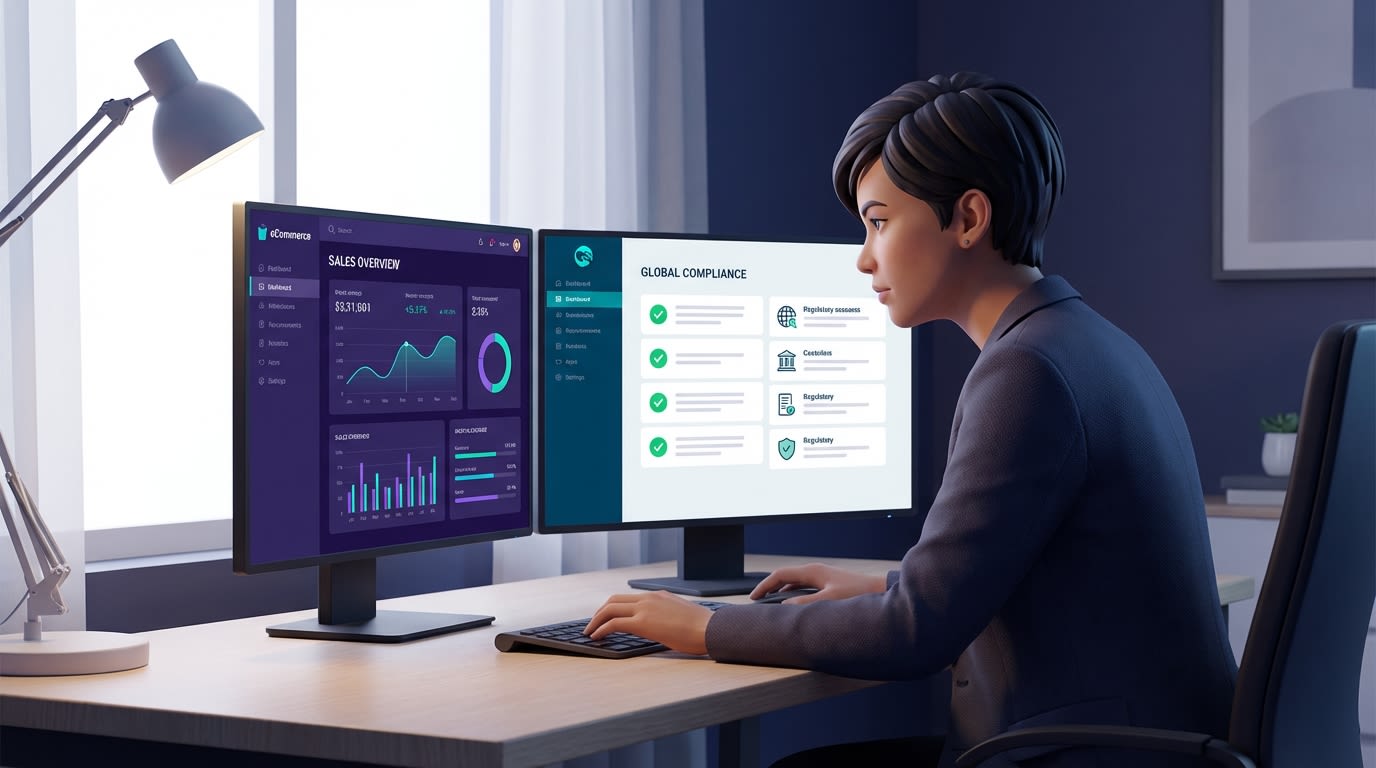 Shopify merchant analyzing store metrics and compliance checklists on a dual-monitor setup