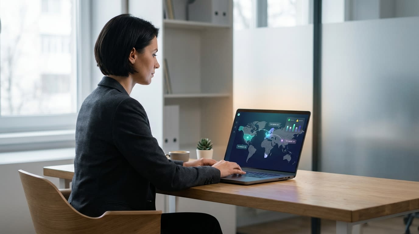 Shopify merchant looking at a laptop showing global compliance map with EU and US tax nexus highlighted