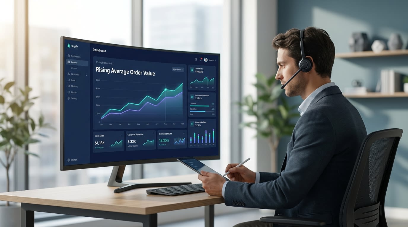 Shopify merchant looking at analytics dashboard showing rising average order value chart