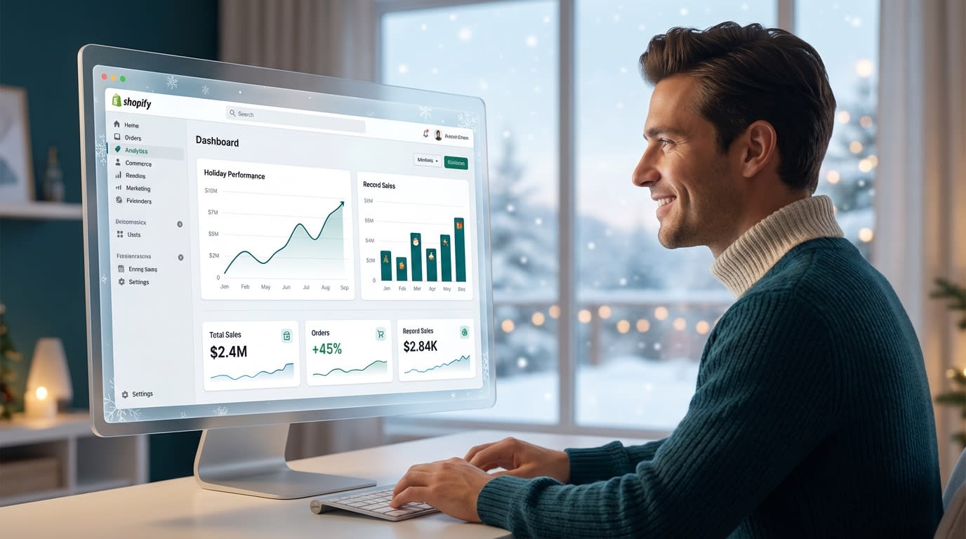Shopify merchant looking at analytics dashboard with a snowy winter theme and rising sales graphs