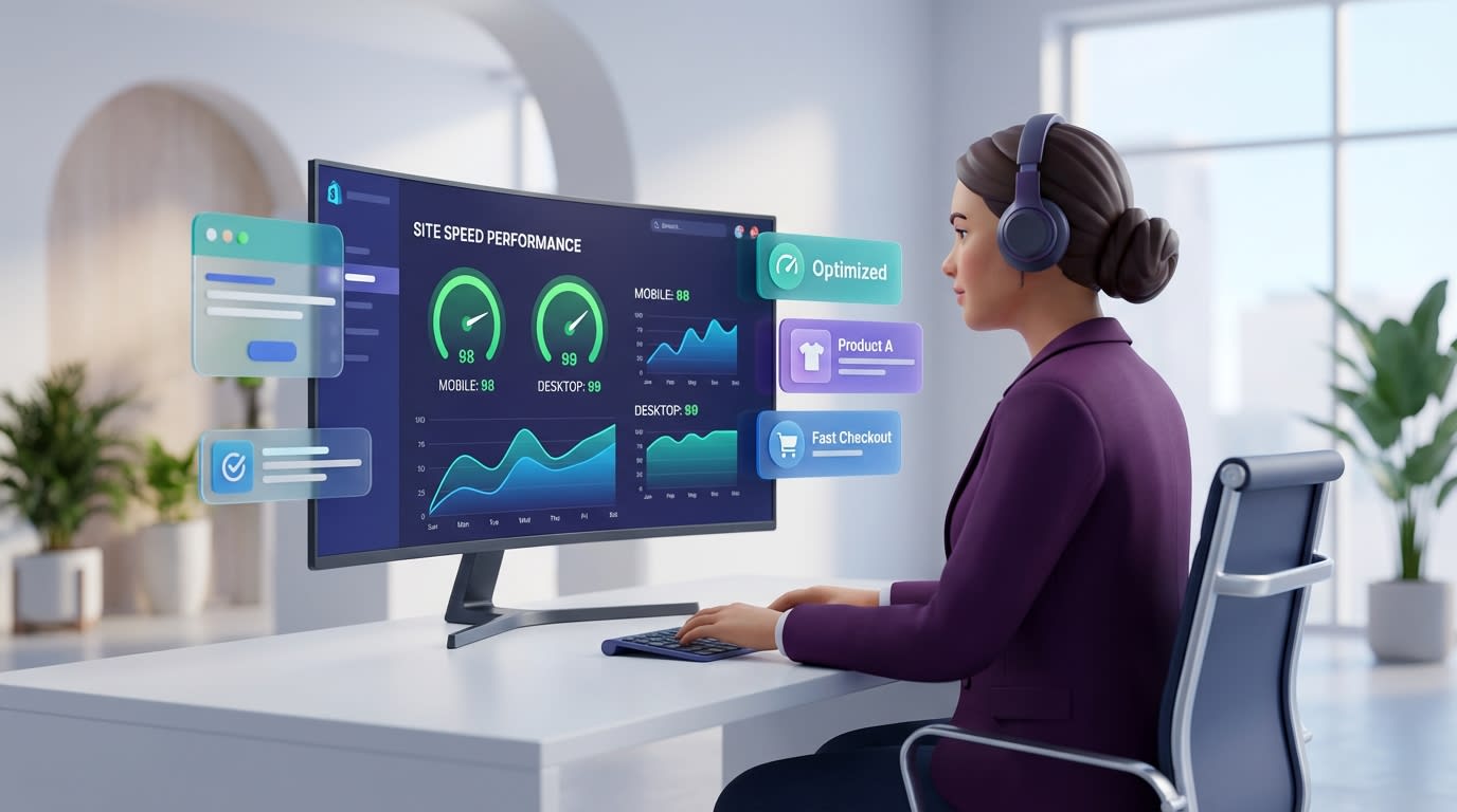 Shopify merchant looking at site speed dashboard next to product overlay labels