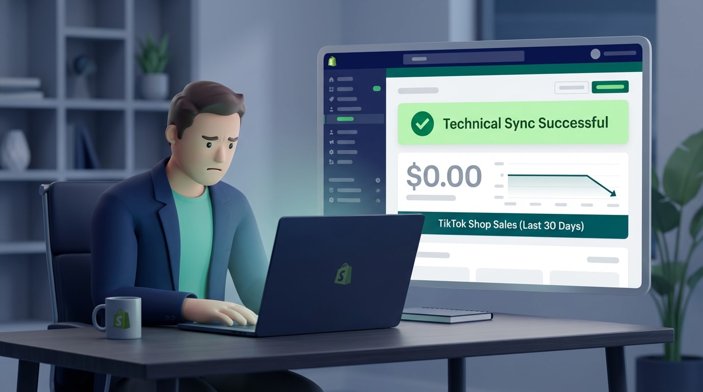 Shopify merchant looking frustrated at a laptop showing zero TikTok sales despite a successful technical sync message