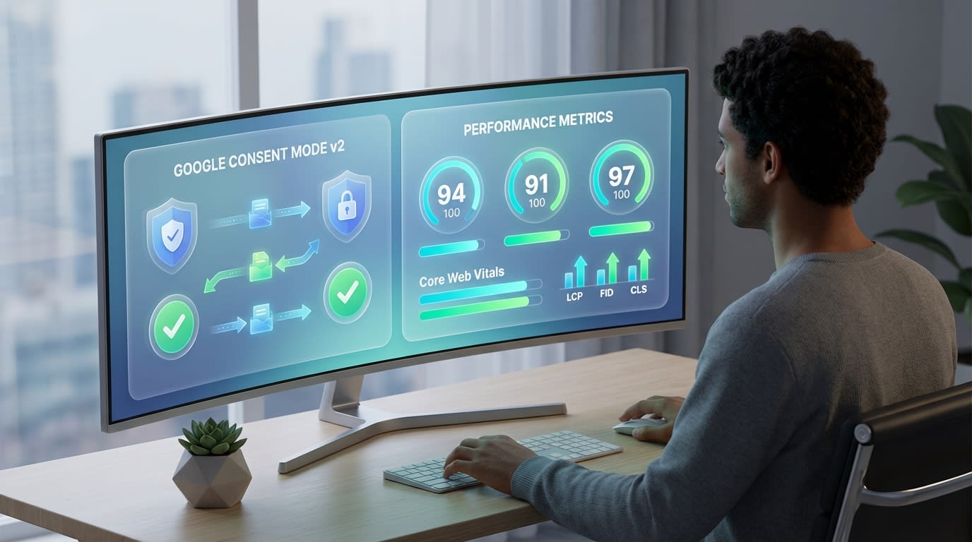 Shopify merchant reviewing analytics dashboard showing Google Consent Mode v2 signals alongside page speed metrics