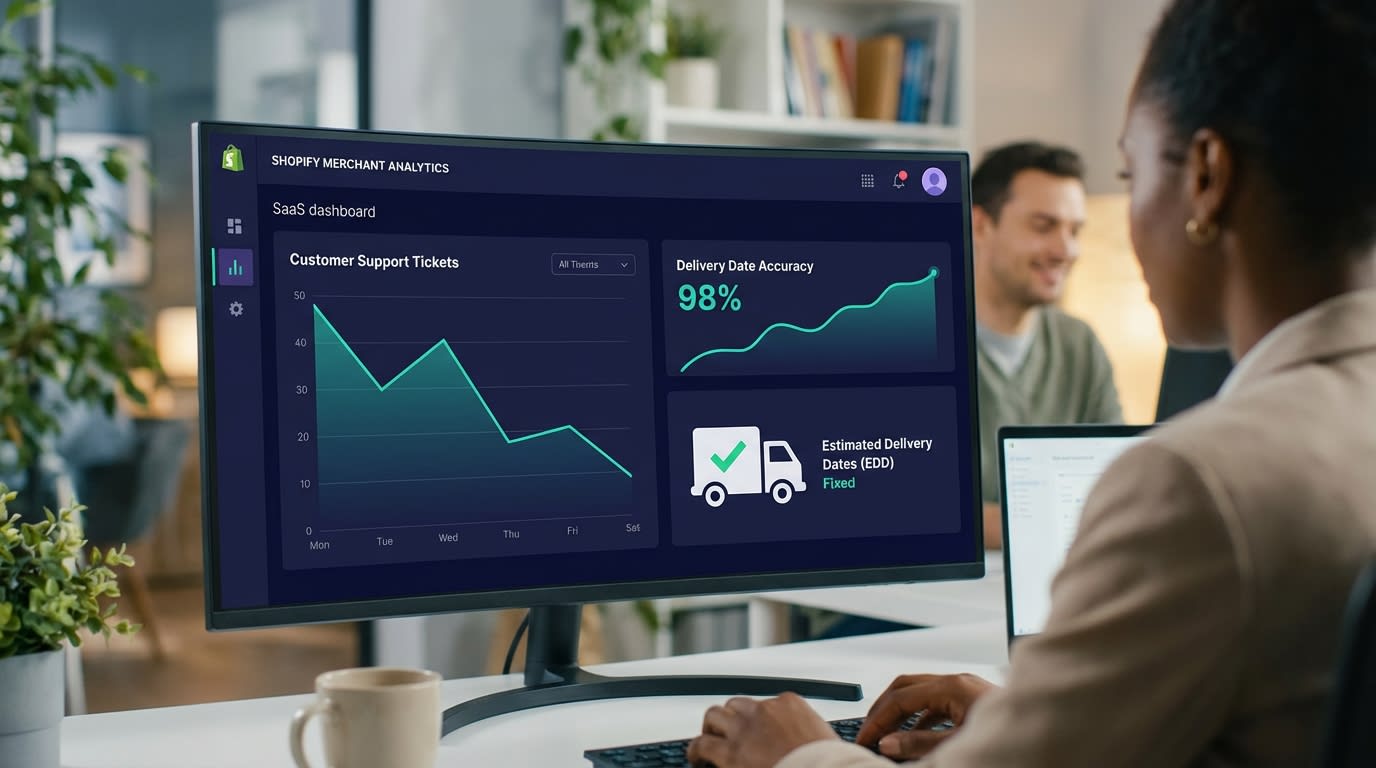 Shopify merchant reviewing analytics dashboard highlighting the drop in customer support tickets after fixing estimated delivery dates