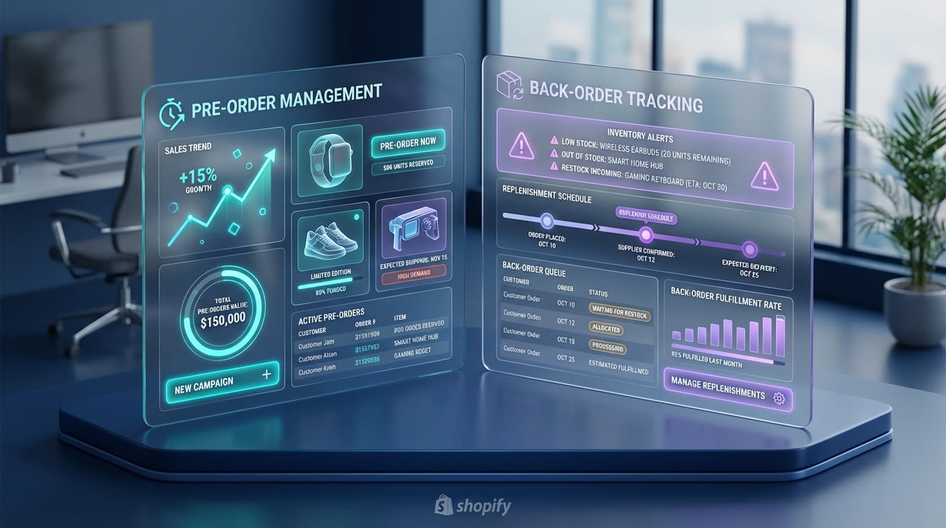 Shopify merchant reviewing inventory dashboard comparing pre-order items with back-ordered items