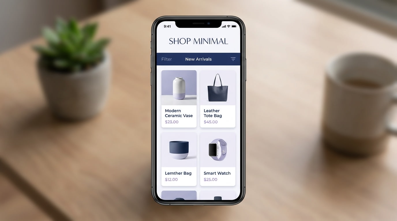 Shopify mobile view demonstrating a clean 3-column grid layout reducing visual fatigue
