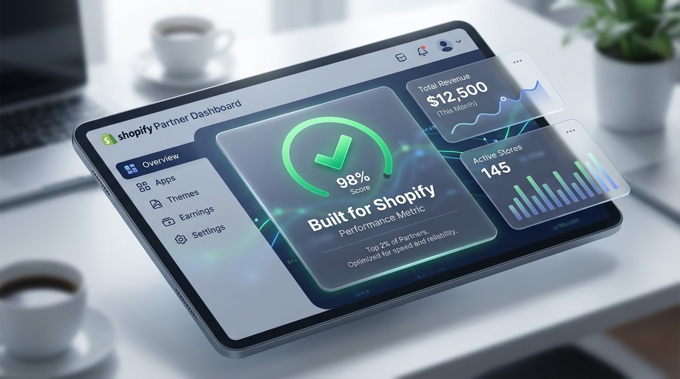 Shopify Partner Dashboard showing a passing Built for Shopify performance score with a green checkmark