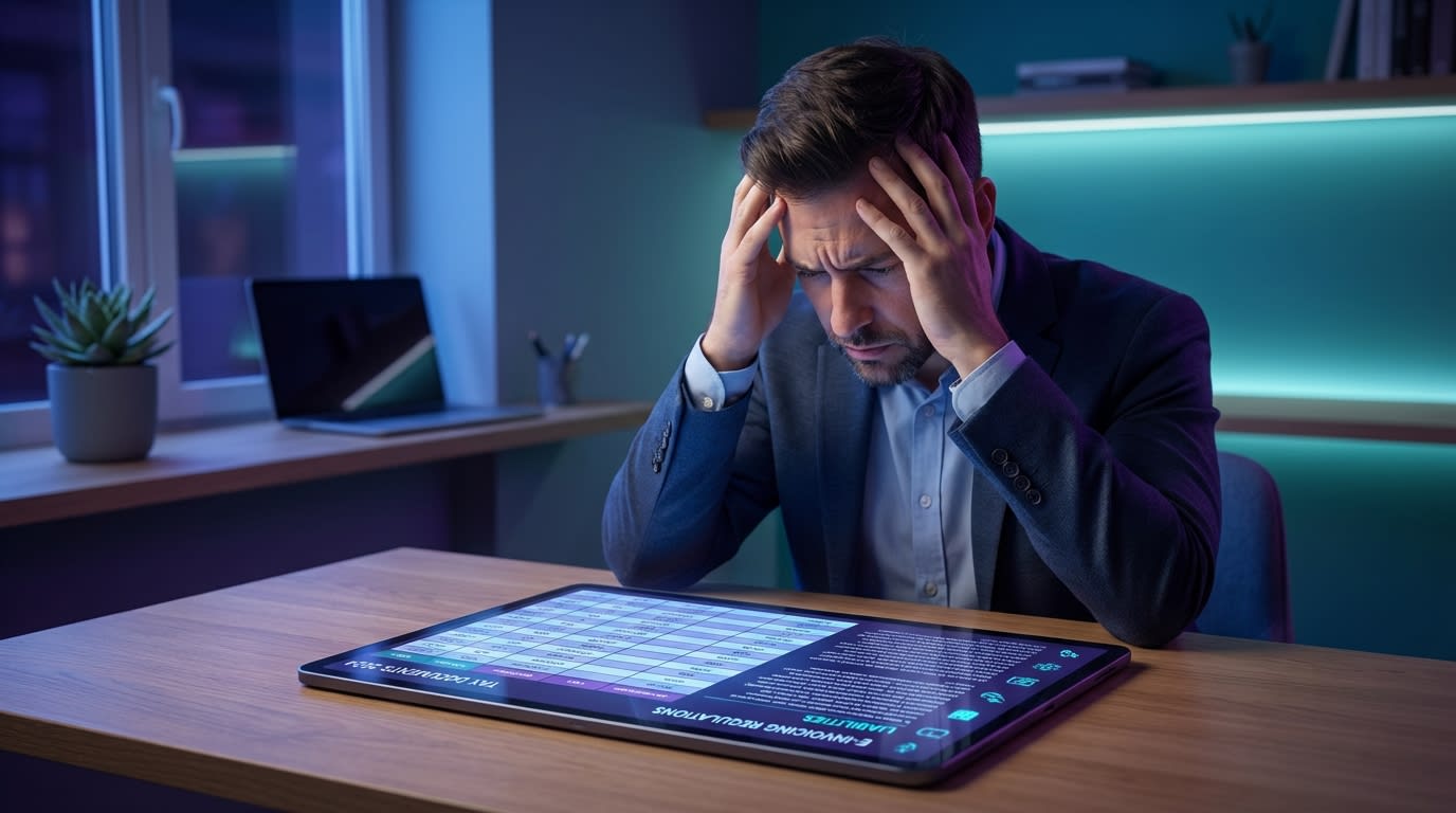 Shopify store owner looking stressed while reviewing complex tax documents and e-invoicing laws on a tablet