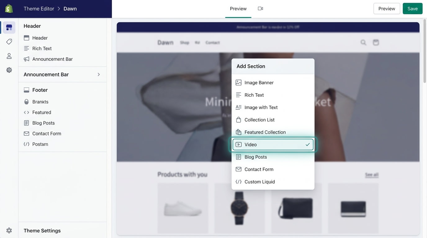 Shopify Theme Editor showing the 'Add Section' menu with the Video block highlighted in Dawn theme