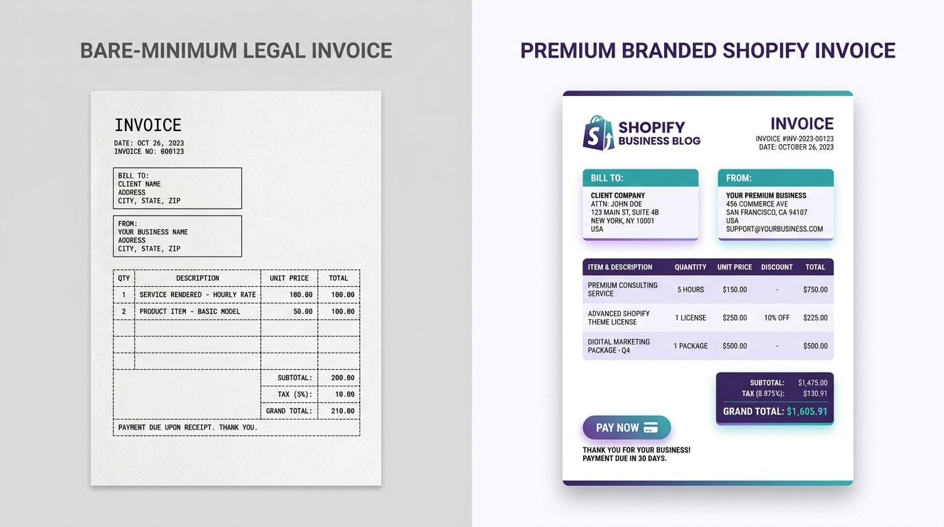 Side-by-side comparison of a bare-minimum legal invoice versus a highly professional, branded Shopify invoice