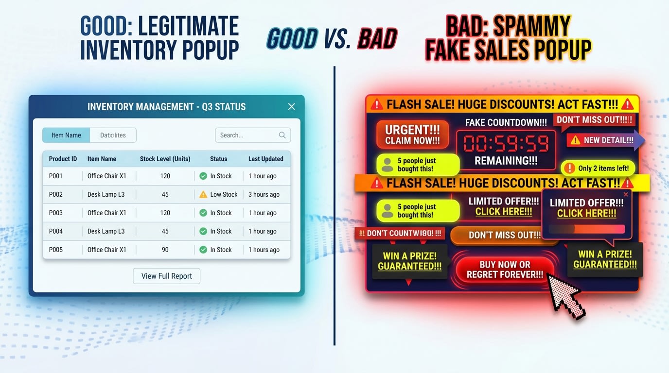 Side by side comparison of a legitimate inventory popup vs a spammy fake sales popup