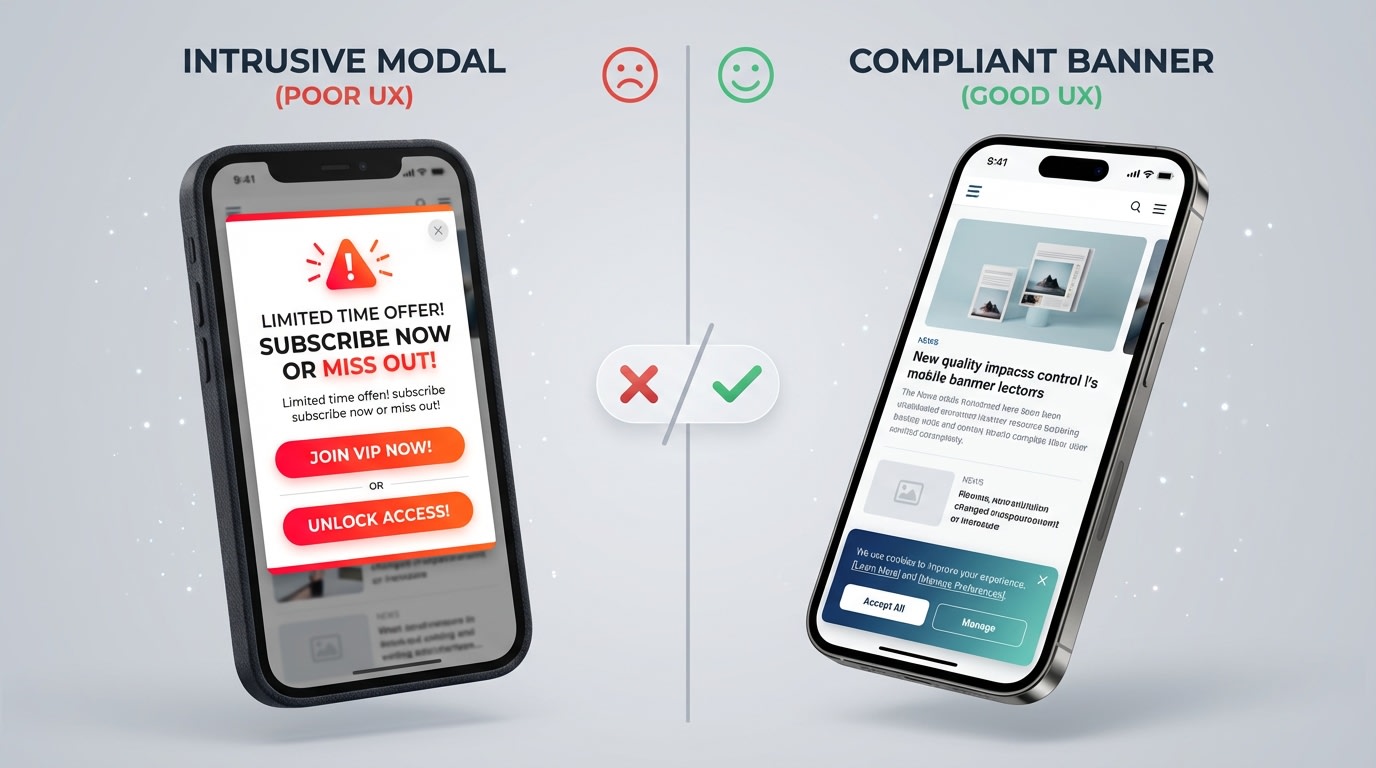 Side-by-side comparison of an intrusive mobile popup vs a Google-compliant banner