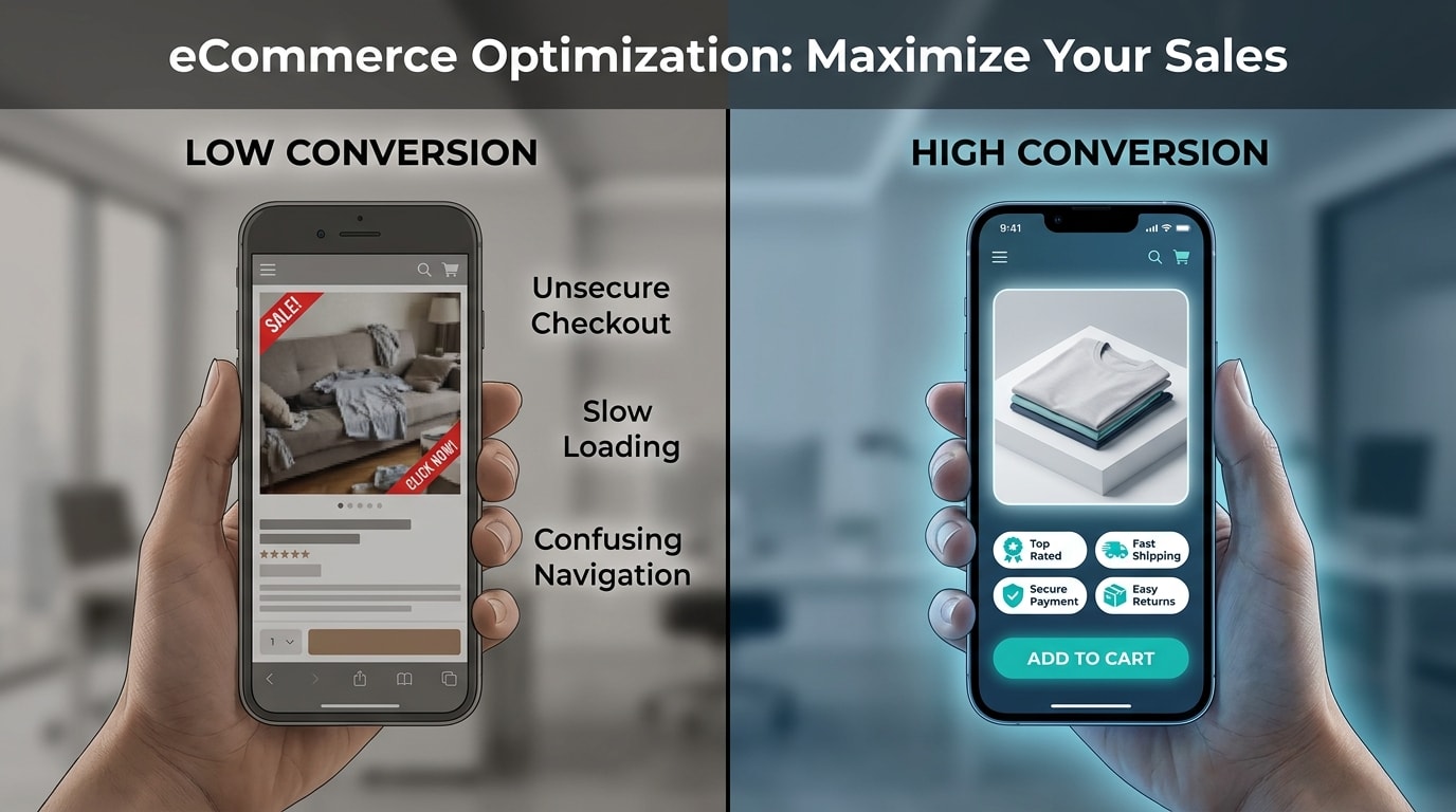 Split screen showing a cluttered mobile product image vs a clean, mobile-optimized badged image