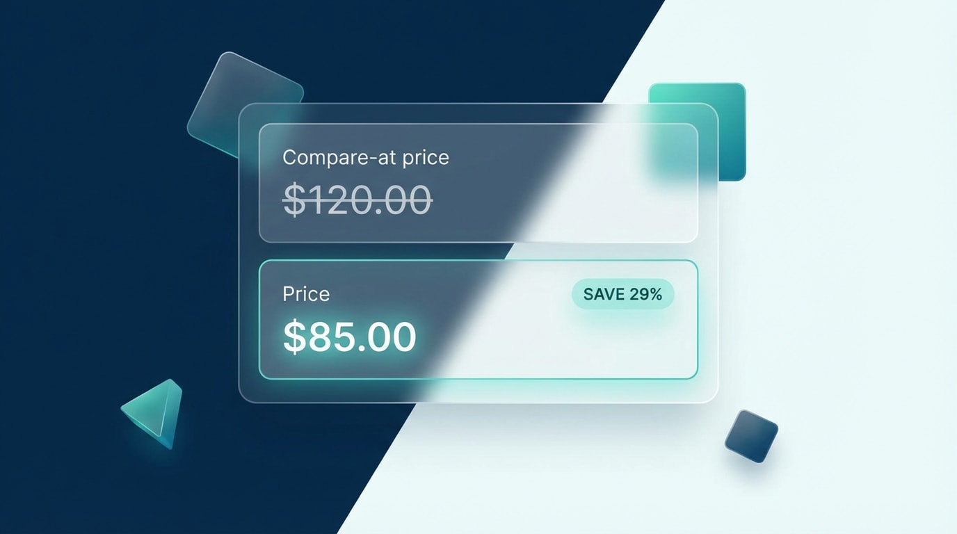 Step-by-step visual of entering a higher price in the compare-at field and a lower price in the price field