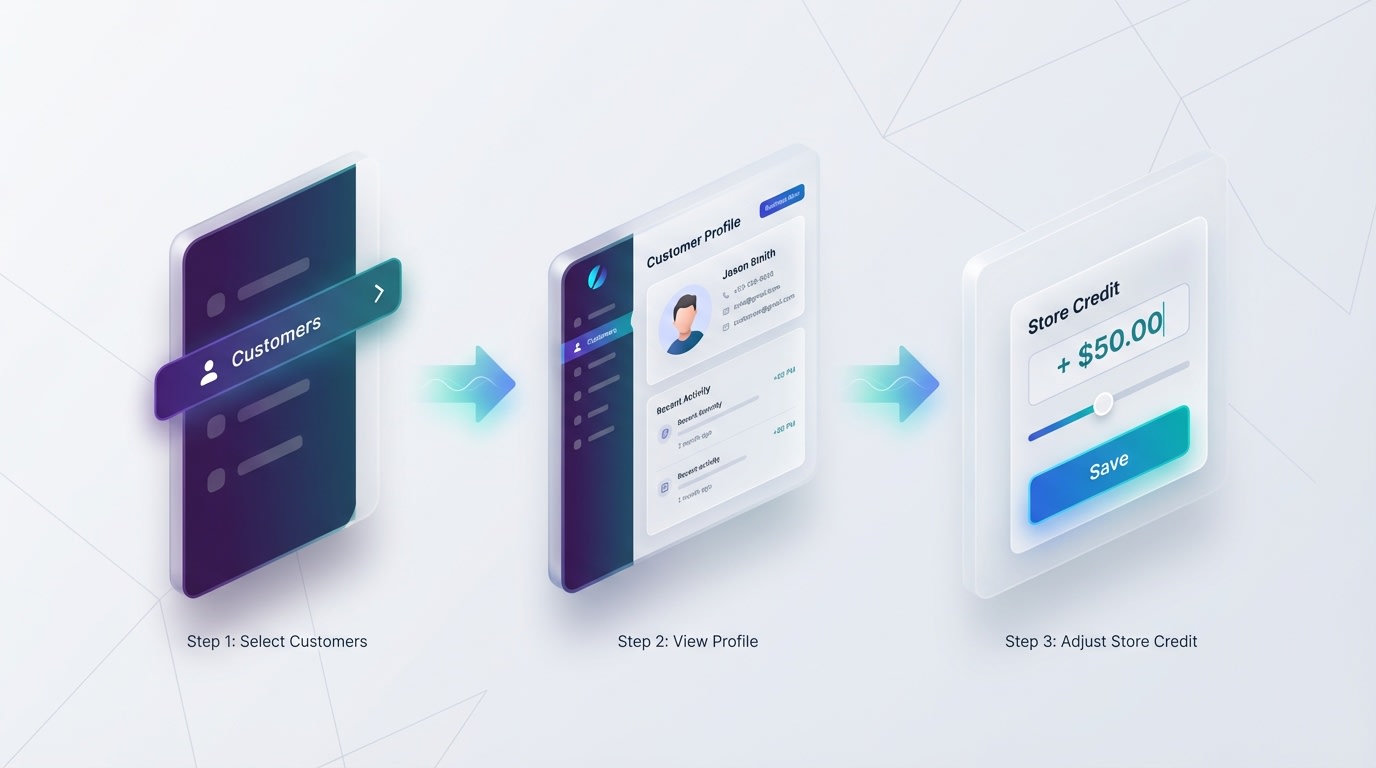 Step-by-step visual of navigating to the Shopify Admin Customer Profile to adjust store credit