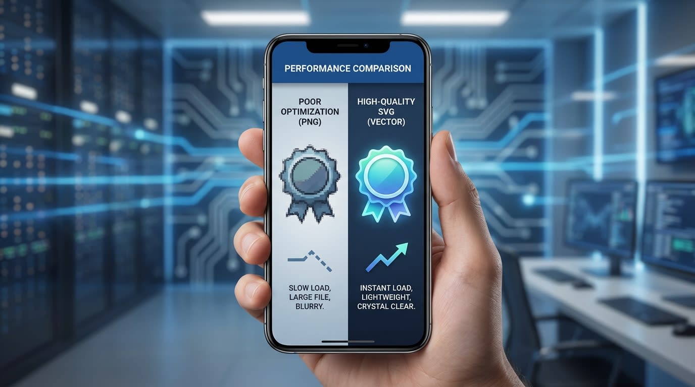 Technical comparison graphic showing a blurry PNG versus a crisp, lightweight SVG badge on a mobile screen