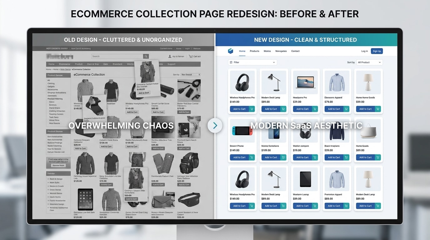 Visual comparison of a cluttered Shopify collection page vs a clean, structured grid with clear product labels