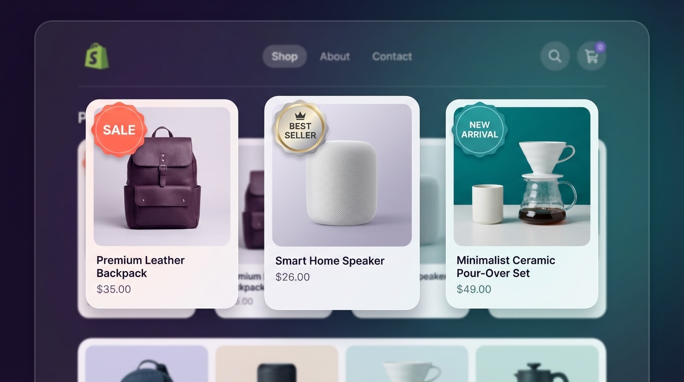 Visual representation of a Shopify store using various product badges like Sale and Best Seller