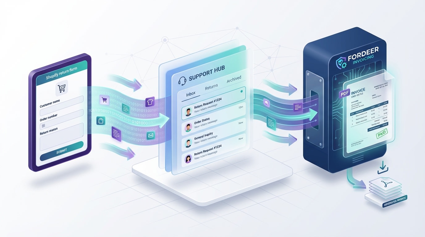 Workflow diagram showing data moving from the Shopify return form to a support inbox and then to Fordeer for invoicing