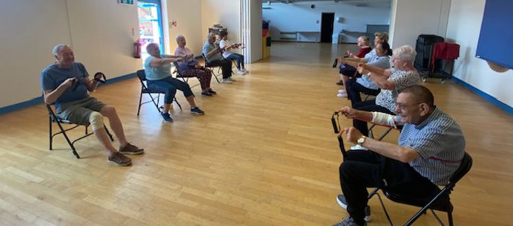 Participants taking part in seated chair exercise class.