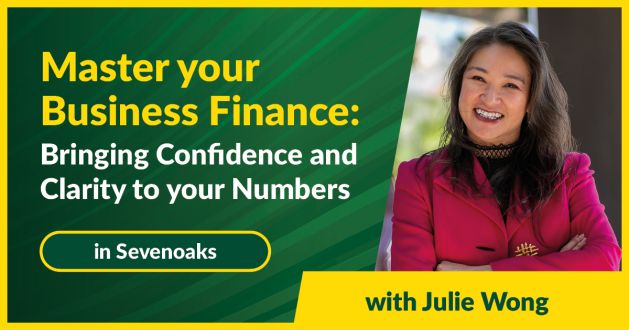 Green background with event title and location. Picture of smiling lady to the right of the image with 'with Julie Wong' underneath the picture Green background with event title and location. Picture of smiling lady to the right of the image with 'with Julie Wong' underneath the picture