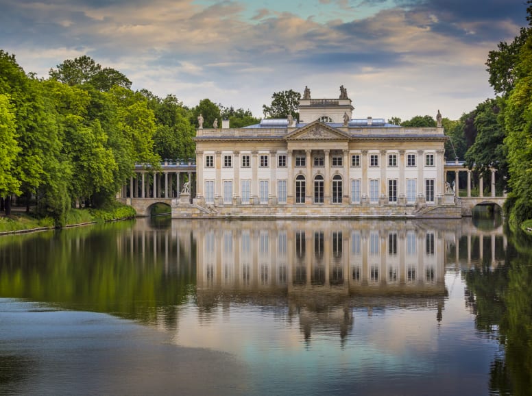Grey Palace Overlooking Lake in Warsaw