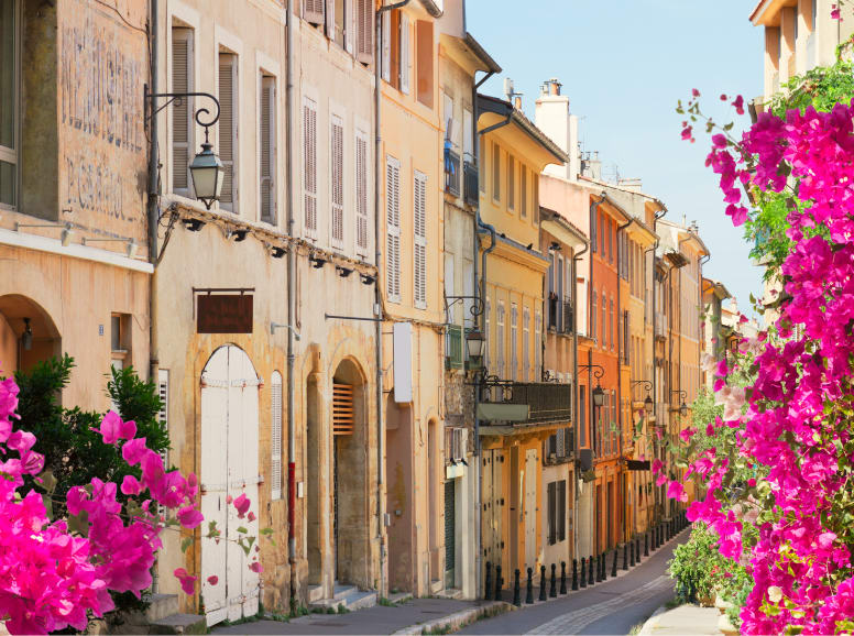 Narrow roads in Aix en Provence framed by pink flowers
