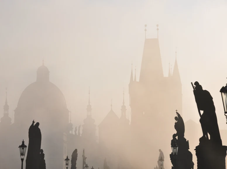 Foggy Morning at Charles Bridge in Prague Czech Republic
