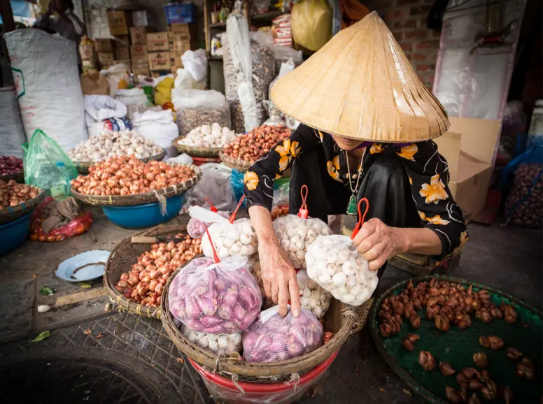 Hanoi food seller in conical hat