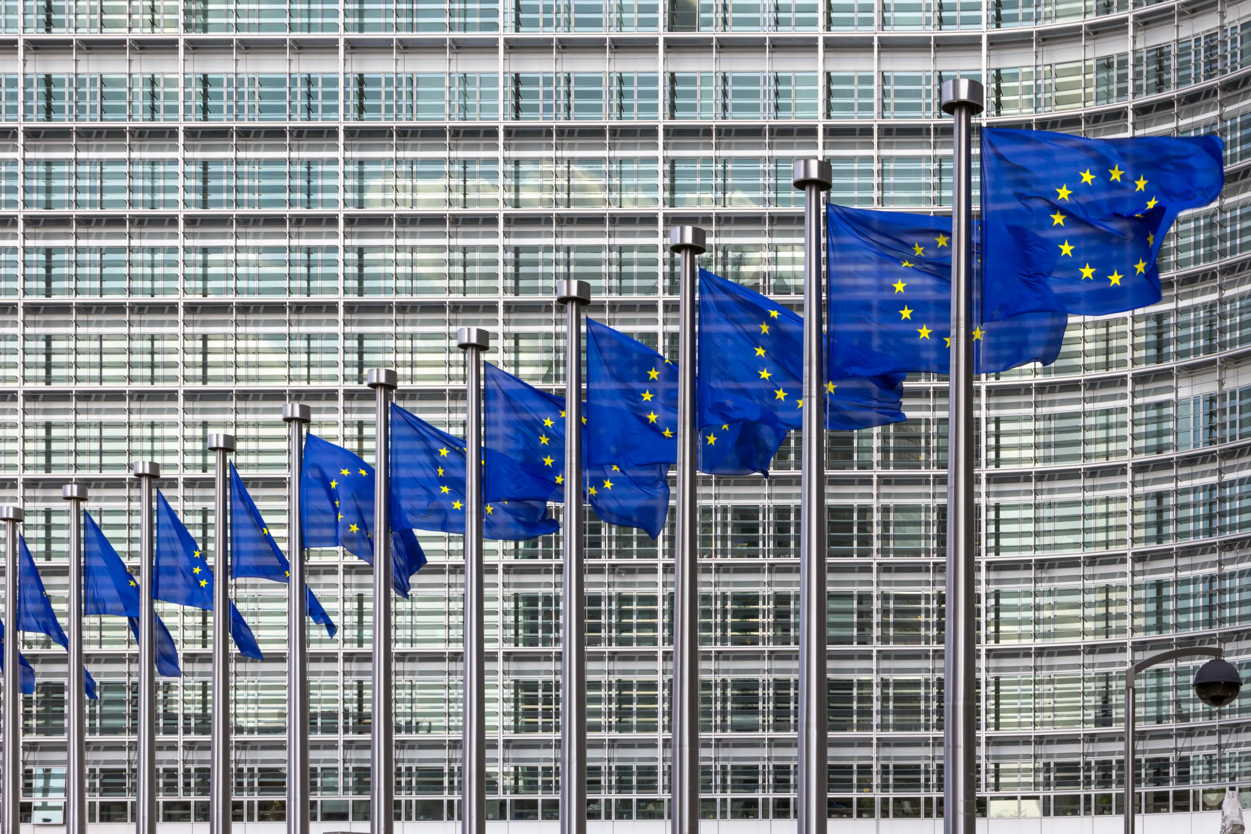 A Row of EU flags in Front of a Large Glass and Steel Buildings