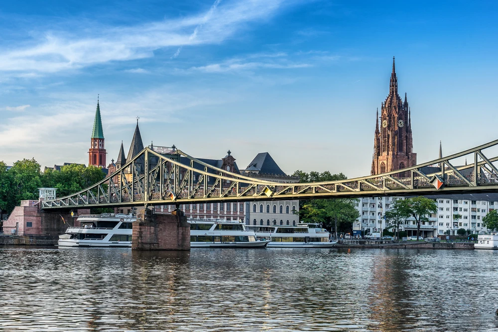 A modern bridge spanning the Main river in Frankfurt