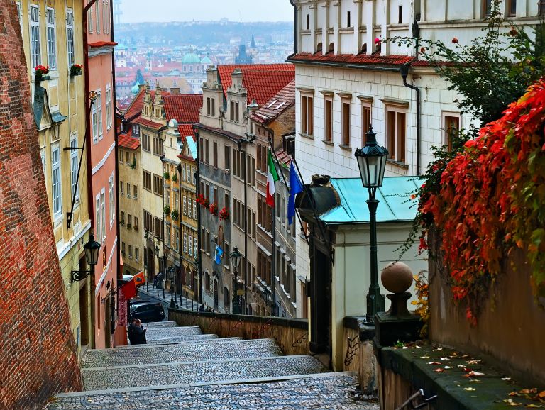 Cobblestone Steps and Colorful Buildings in Old Town Prague