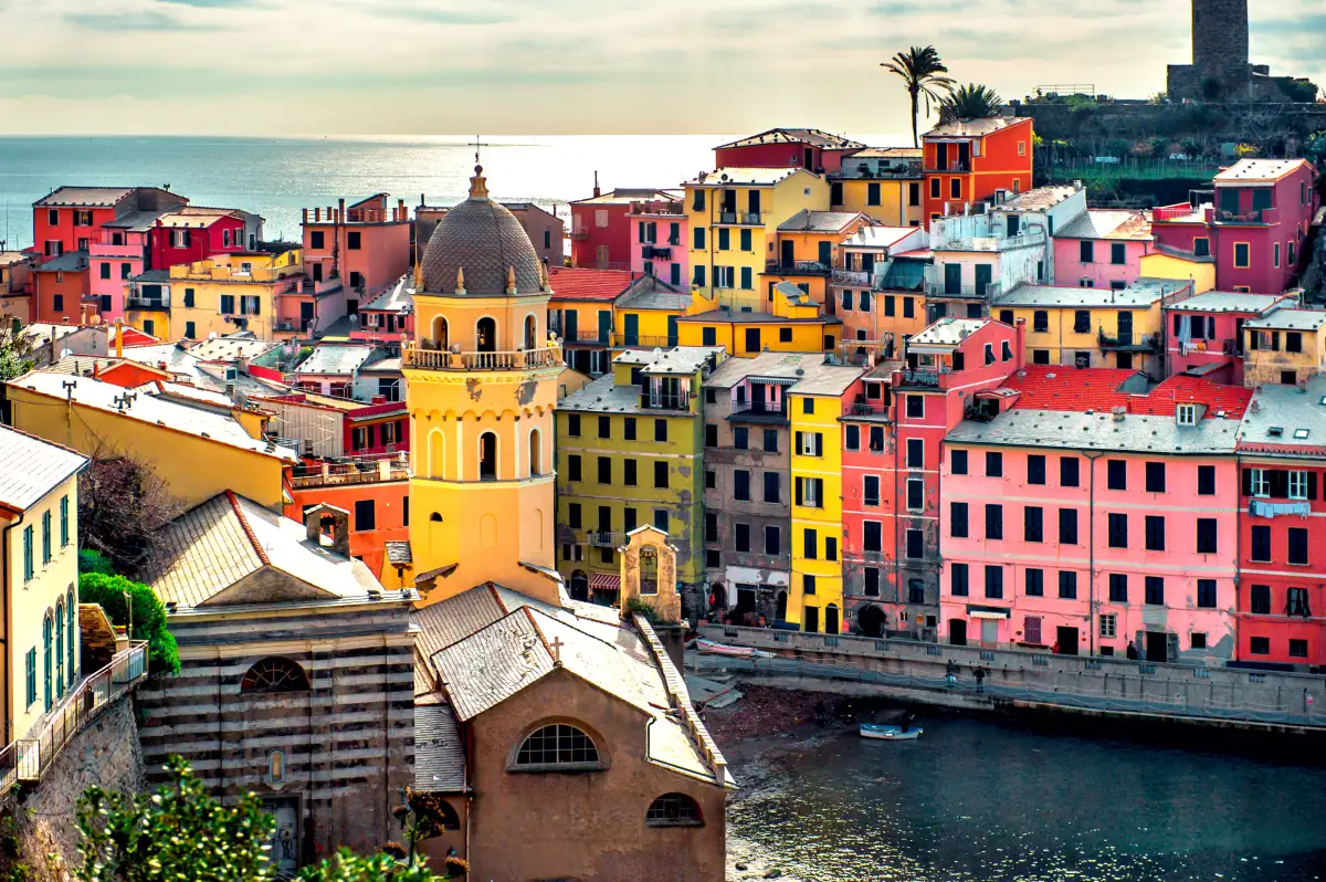 Colorful Buildings and Watchtower in Vernazza Fishing Village in Cinque Terre 