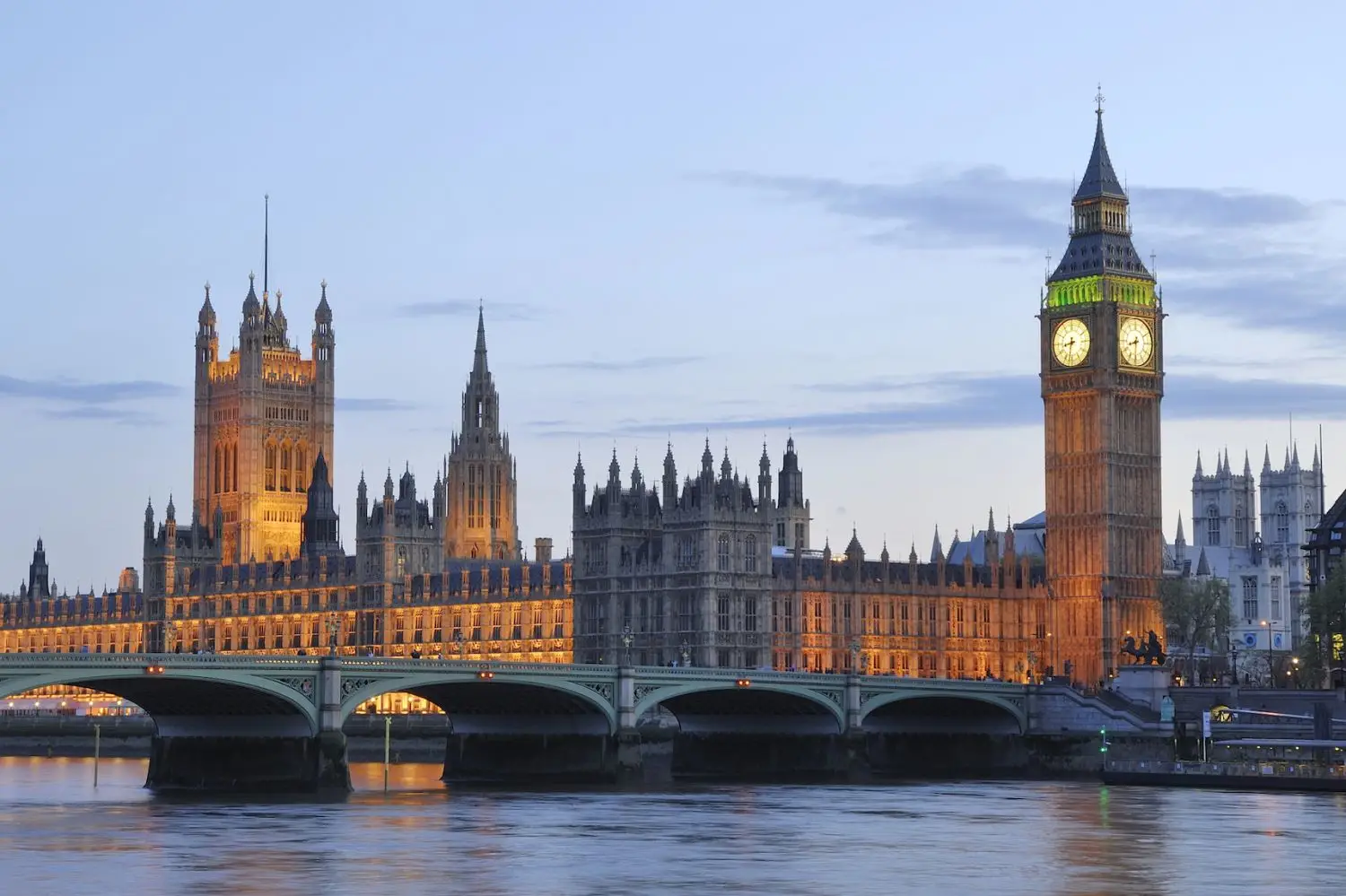 View of Westminster and Big Ben at night from the Thames