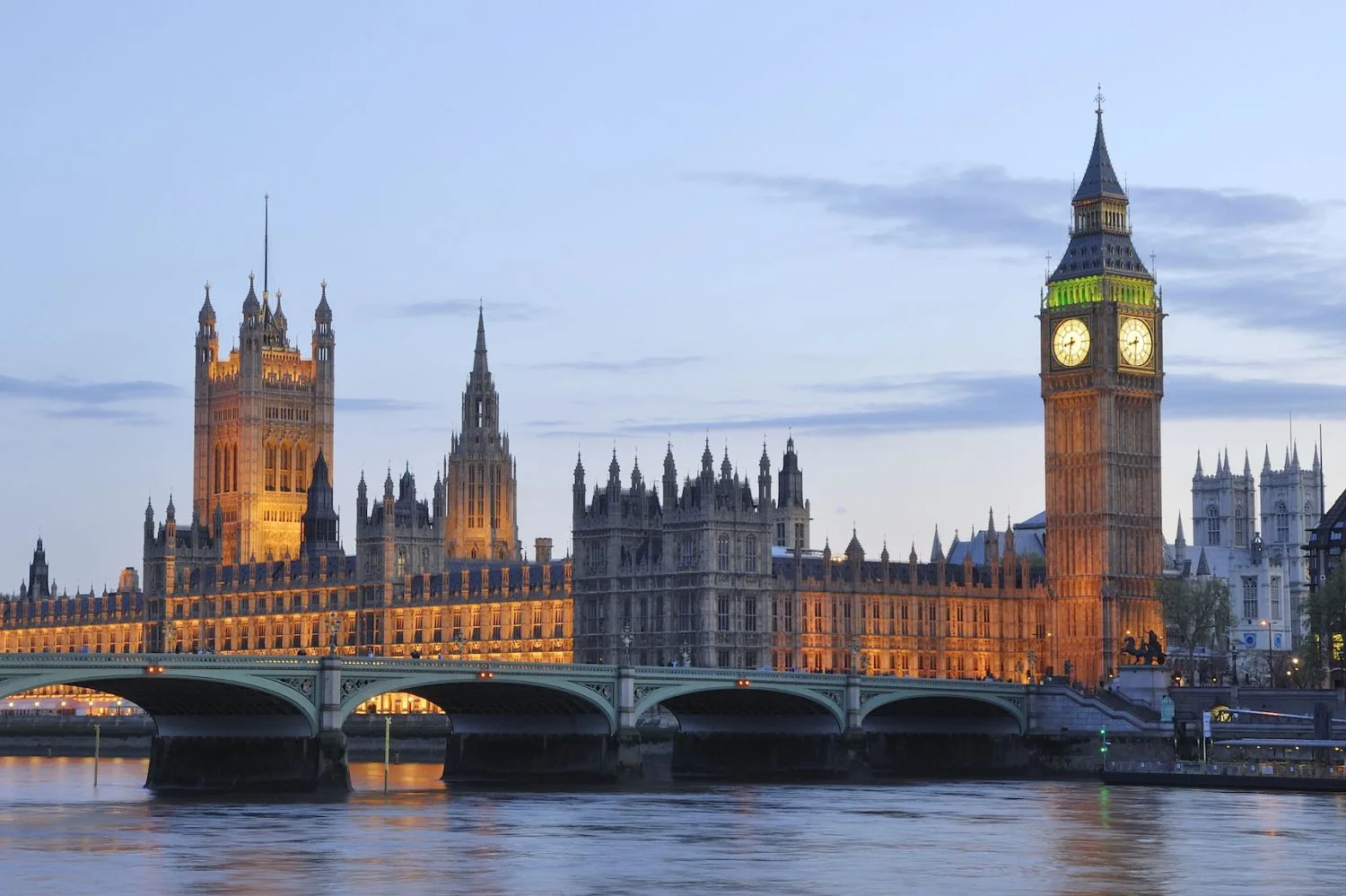 View of Westminster and Big Ben at night from the Thames