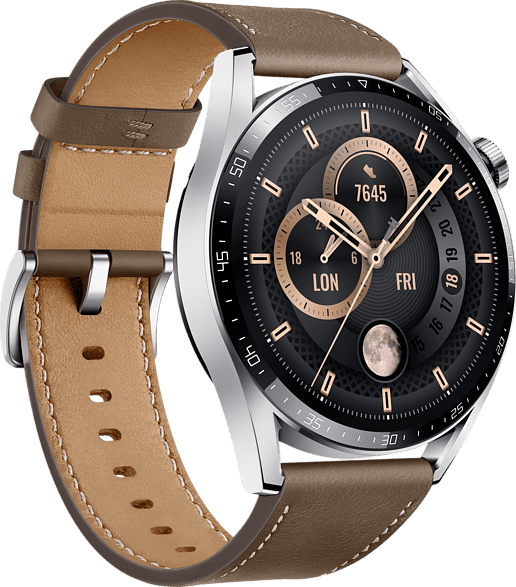 Braun Smartwatch Huawei GT3, Edelstahlgehäuse & Lederarmband, 46mm.3