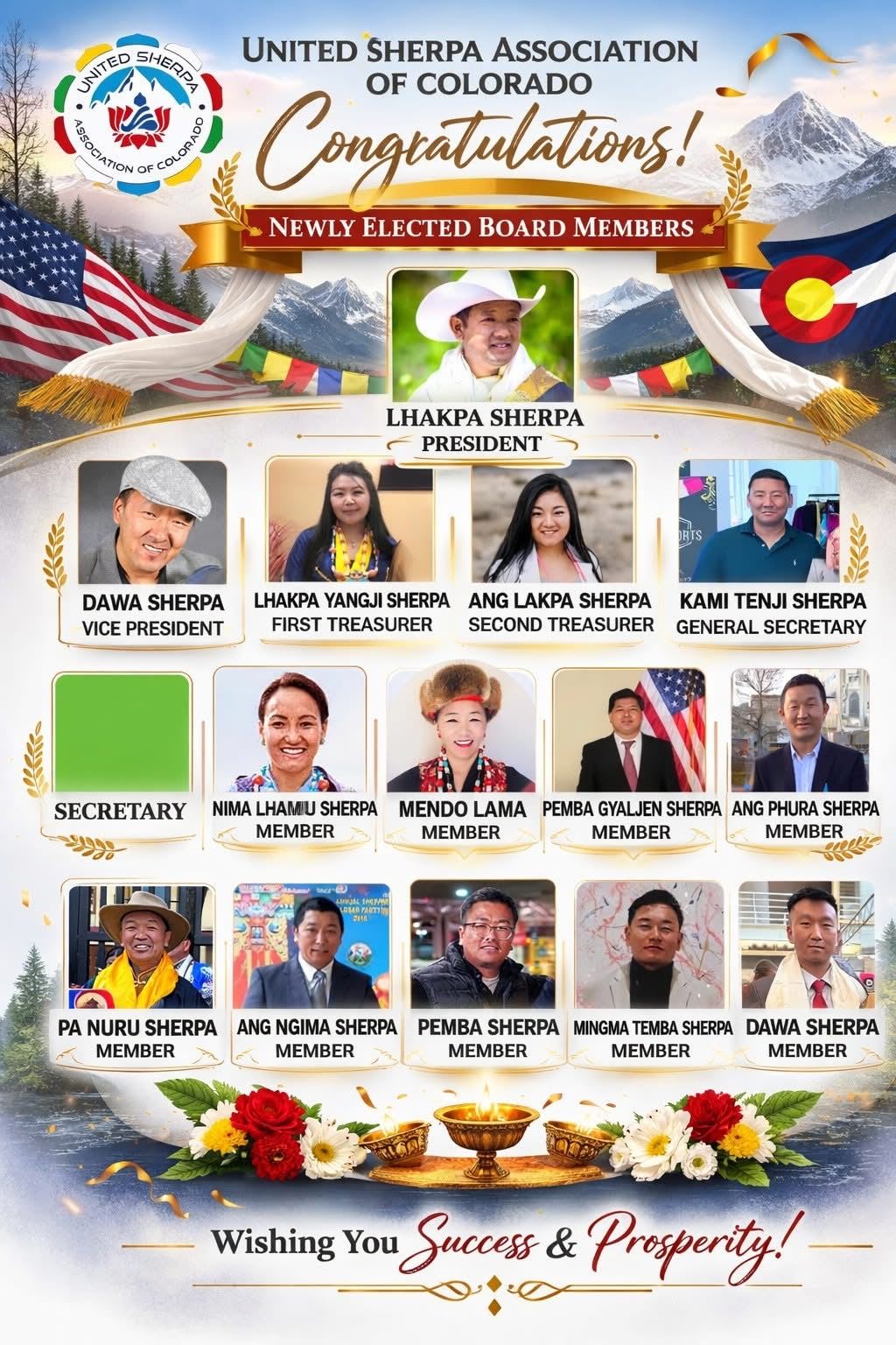 शेर्पा किदुक कोलोराडो द्वारा २१५३ ग्याल्पो ल्होसार   भब्यताको साथ सम्पन सर्वसम्मतिबाट ल्हाक्पा शेर्पाको अध्यक्षतामा नयॅा कार्यसमिति चयन ।