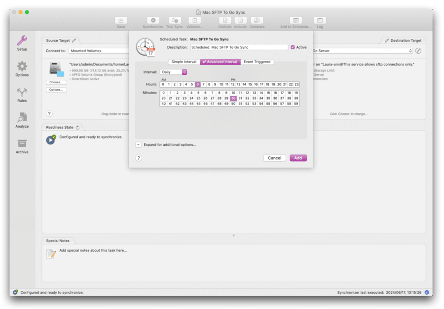 scheduled sync mac to sftp to go